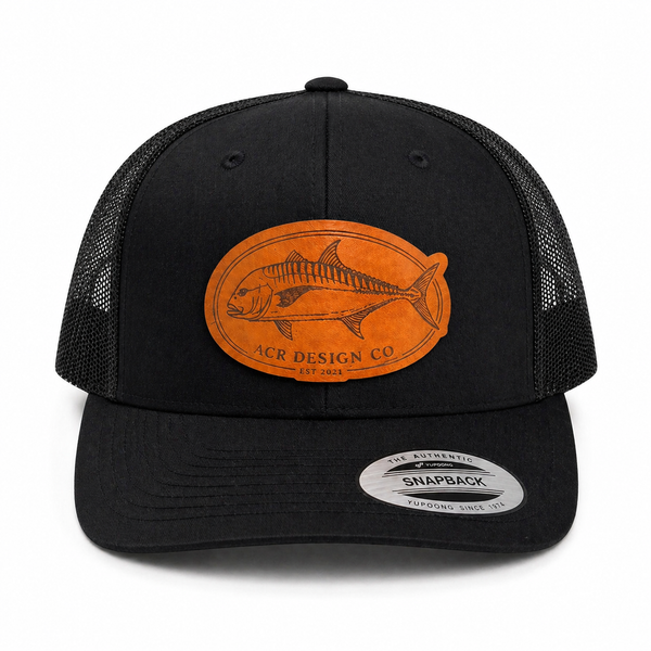 Laser engraved Ulua Leather Patch Trucker Hat. ACR Design Co