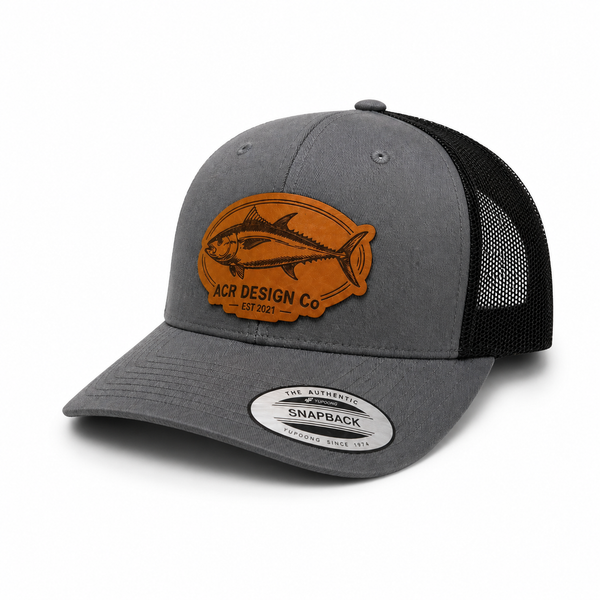 Laser engraved Tuna Leather Patch Trucker Hat. ACR Design Co
