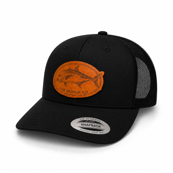 Laser engraved Ulua Leather Patch Trucker Hat. ACR Design Co