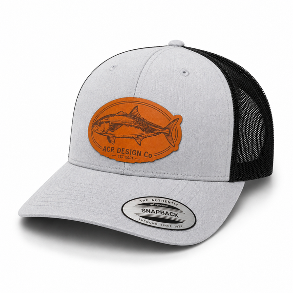 Laser engraved Yellowtail Leather Patch Trucker Hat. ACR Design Co