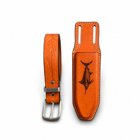 ACR Handmade Leather Fishing Marlin Collection – Crimper Sheath & Matching Belt. Custom Fishing Gear | Made in USA ACR Design Co